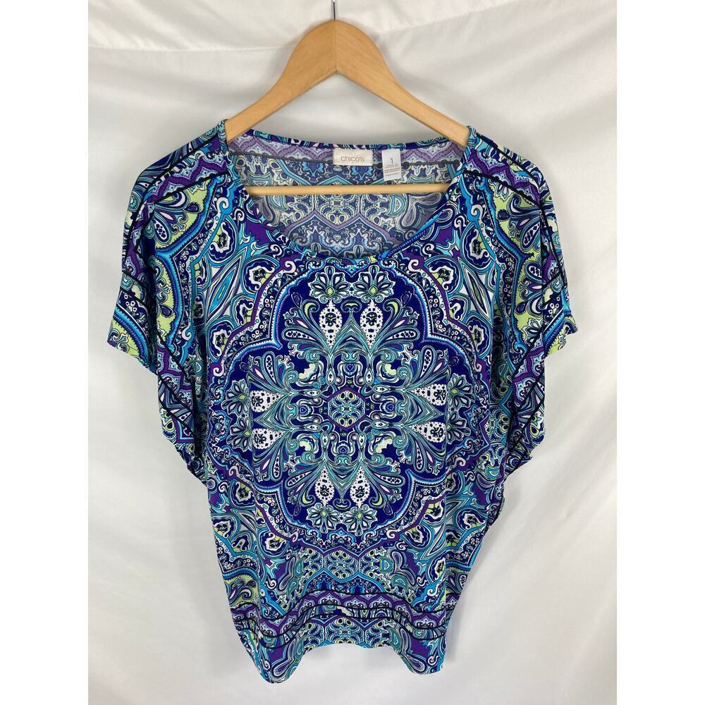 Chicos Womans Blue Paisley Pattern Blouse Size 1 / Medium